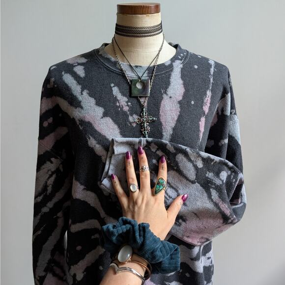 Vintage Black Custom Bleach Sweatshirt Distressed Tie Dye Festival Sweater Large - Picture 3 of 8